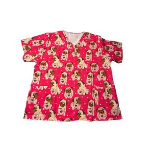 Scrub Top Pug Dog Donut Pink Women's XL Polkadot  Pocket New